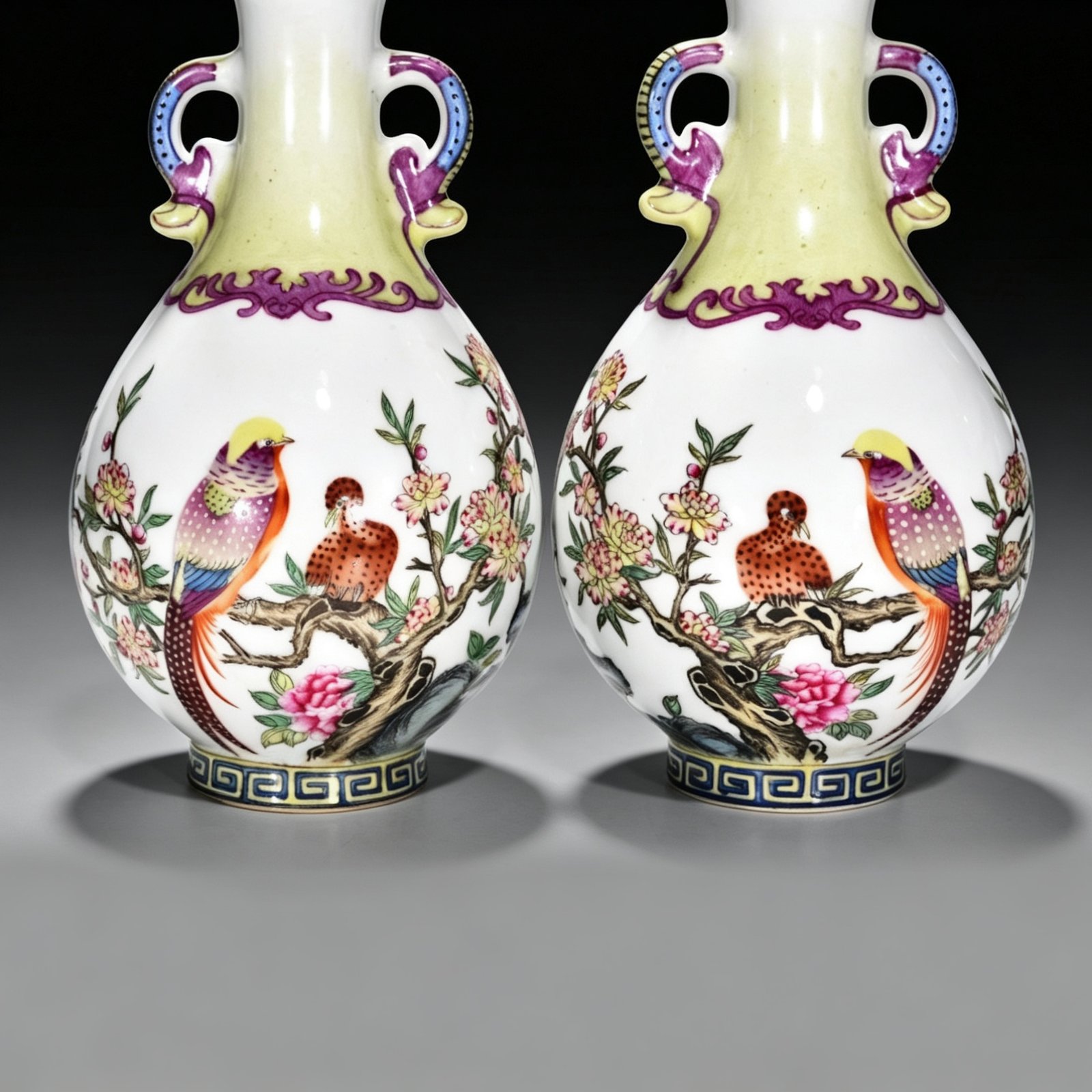 Qing Dynasty Qianlong enamel amphorae with flower and birds