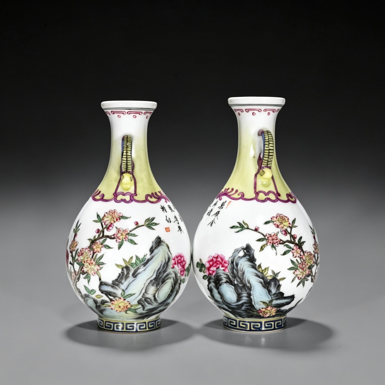 Qing Dynasty Qianlong enamel amphorae with flower and birds