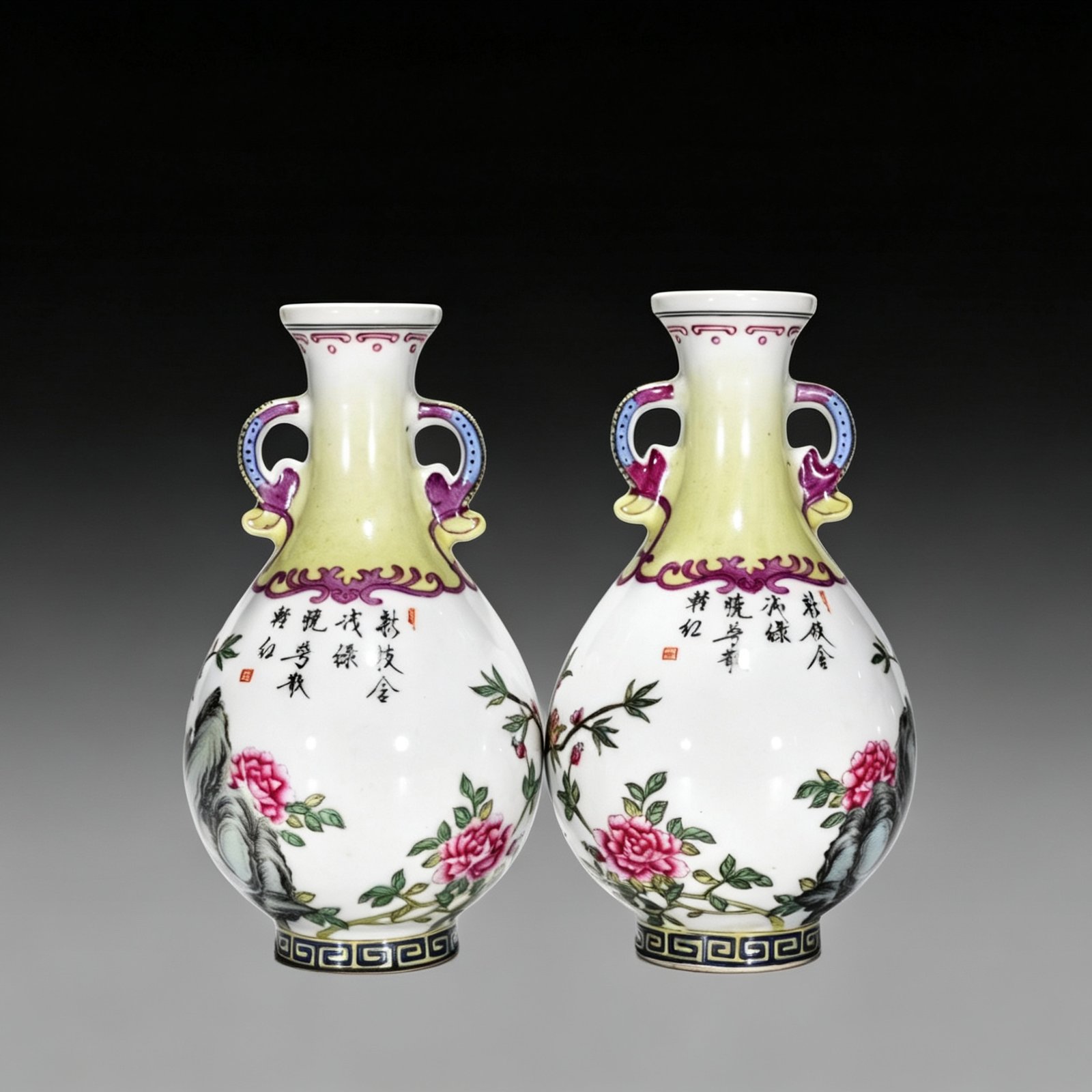 Qing Dynasty Qianlong enamel amphorae with flower and birds