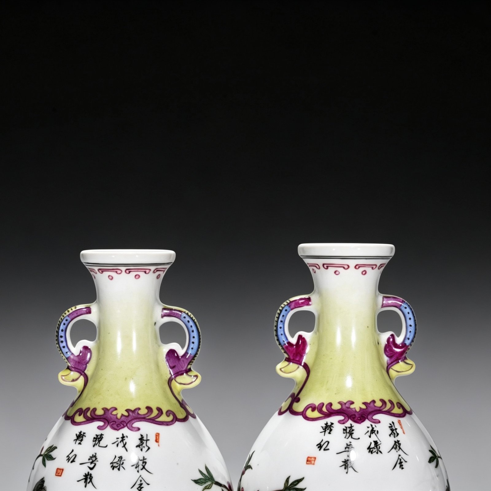 Qing Dynasty Qianlong enamel amphorae with flower and birds