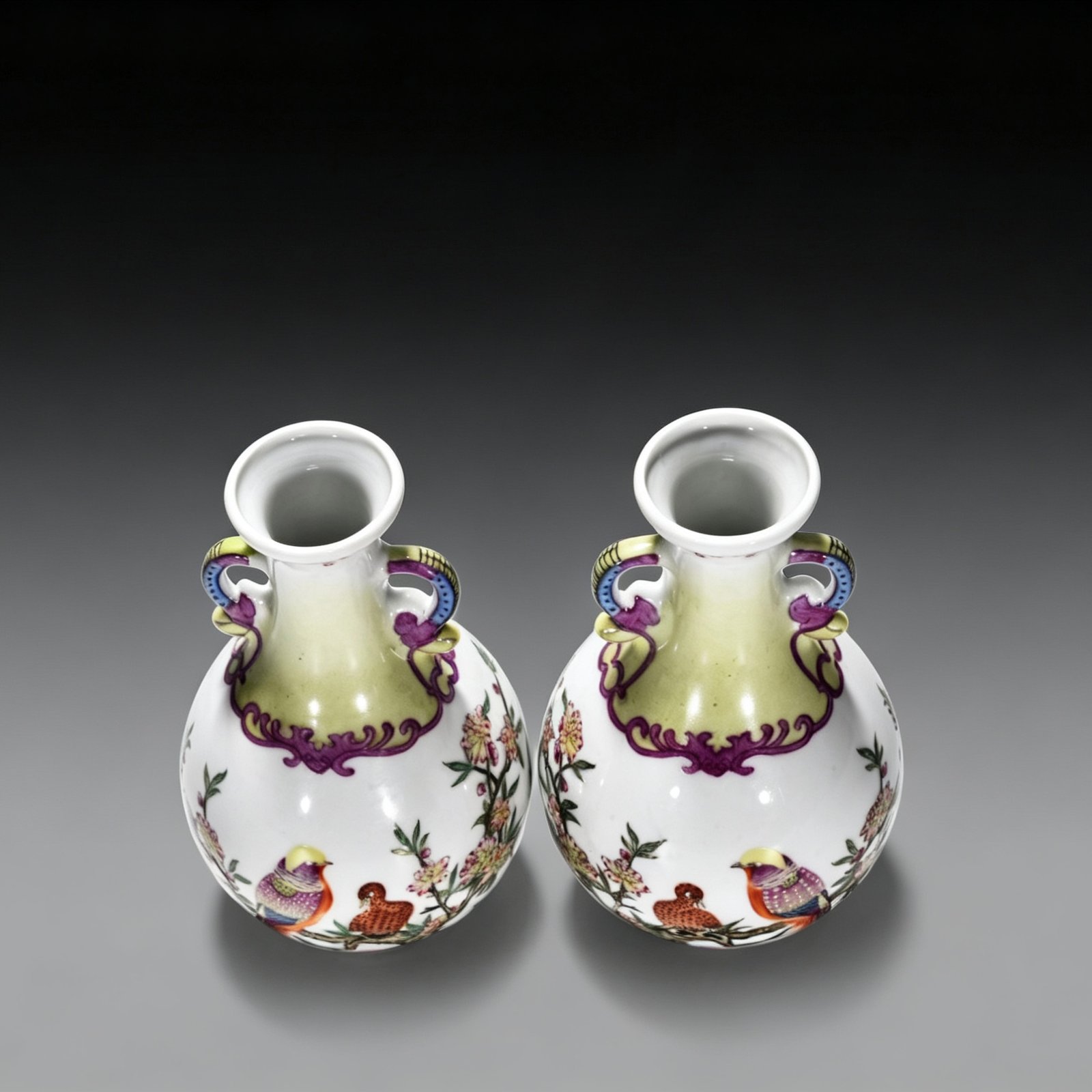 Qing Dynasty Qianlong enamel amphorae with flower and birds
