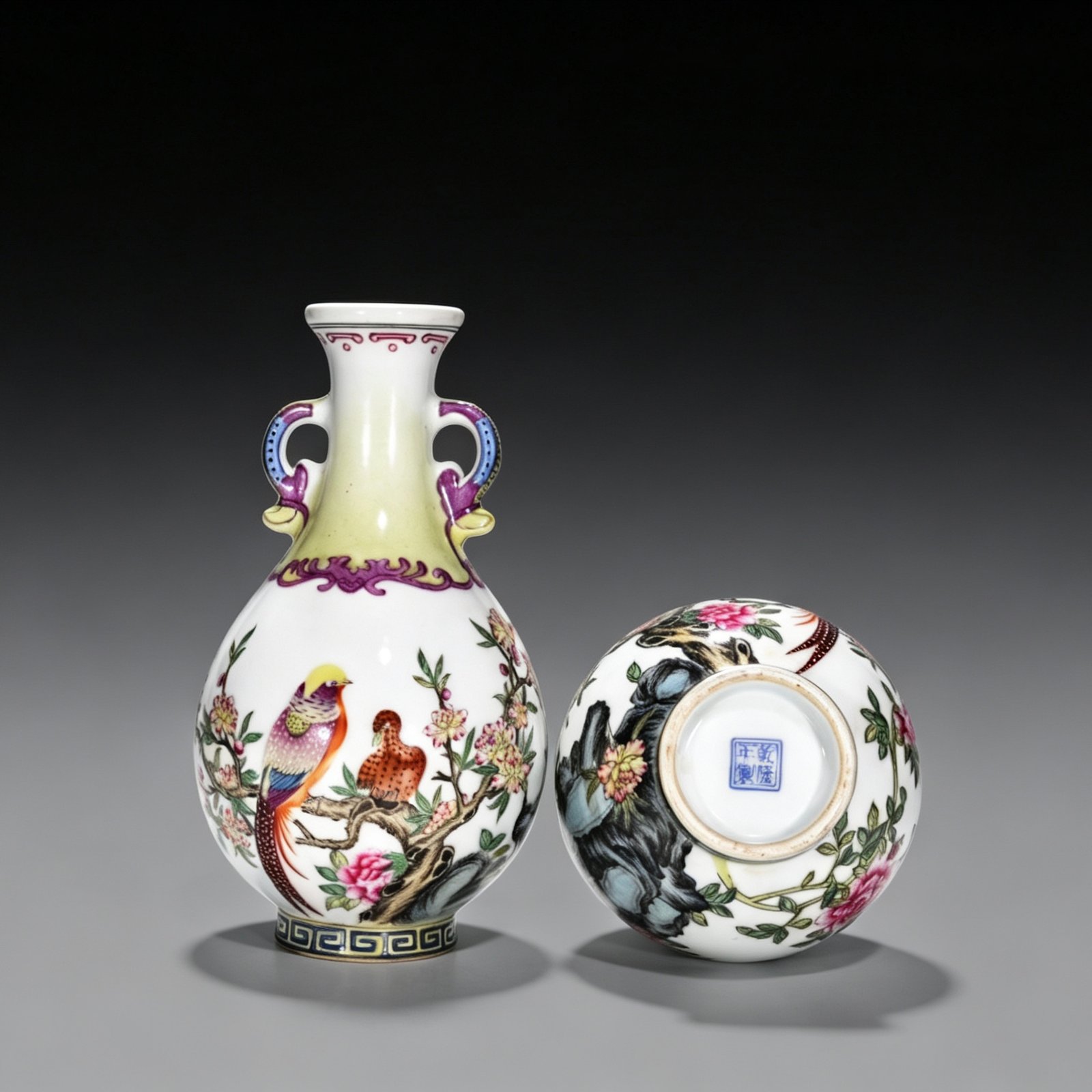 Qing Dynasty Qianlong enamel amphorae with flower and birds