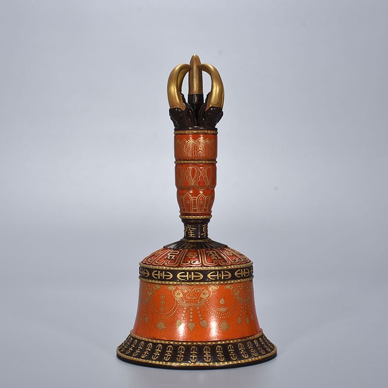 Qing Dynasty Qianlong Sanskrit rattles carved with gold on alum red ground