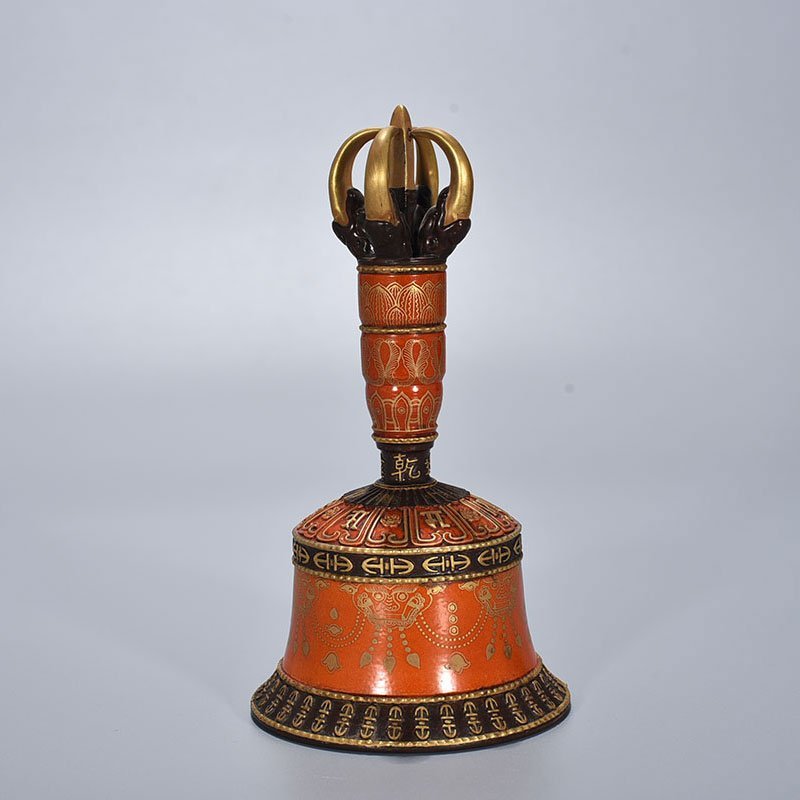 Qing Dynasty Qianlong Sanskrit rattles carved with gold on alum red ground