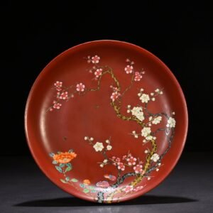 Qing Dynasty Qianlong alum red ground pastel flower plate