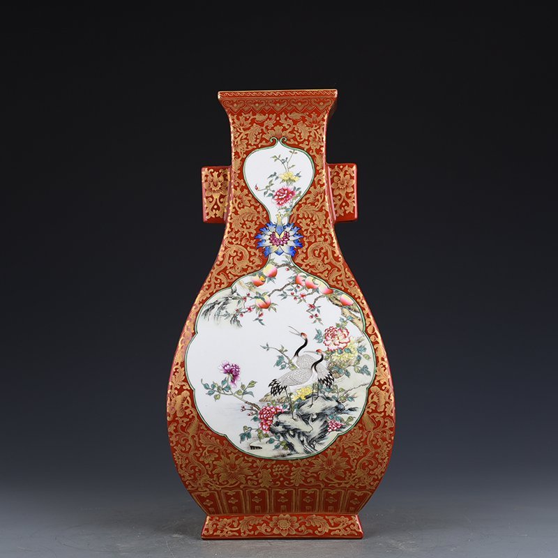 Qing Dynasty Qianlong alum red gold-consecrated enamel flower-and-bird square vase with ears