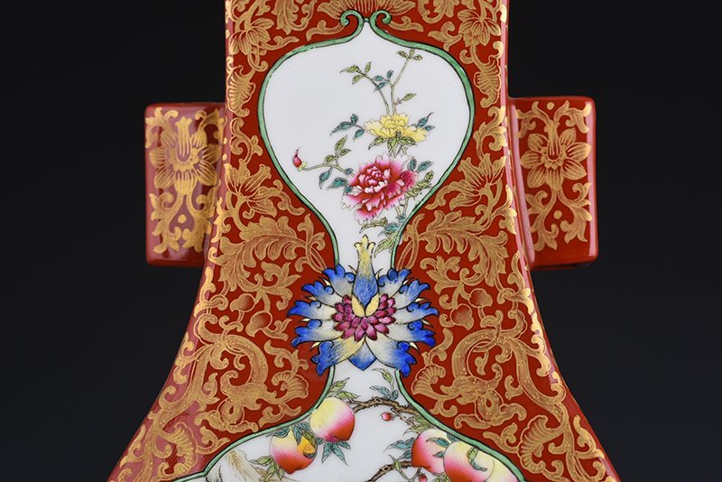 Qing Dynasty Qianlong alum red gold-consecrated enamel flower-and-bird square vase with ears