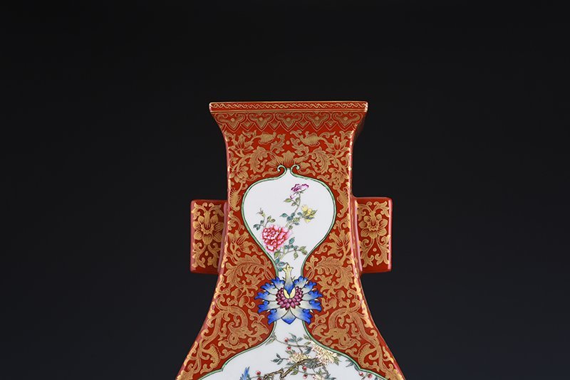 Qing Dynasty Qianlong alum red gold-consecrated enamel flower-and-bird square vase with ears