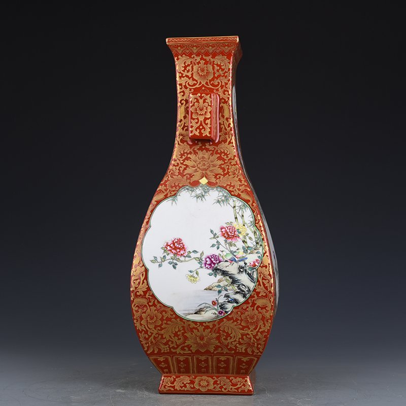 Qing Dynasty Qianlong alum red gold-consecrated enamel flower-and-bird square vase with ears