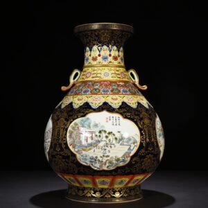 Qing Dynasty Qianlong Festival blue glaze gold painted window landscape vase