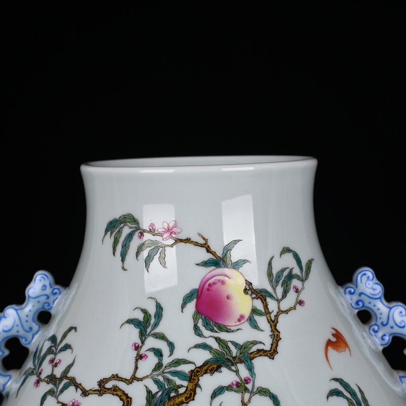 Qing Dynasty Qianlong Pastel Five Blessings Nine Peach Fortune and Longevity Double-Eared Zun