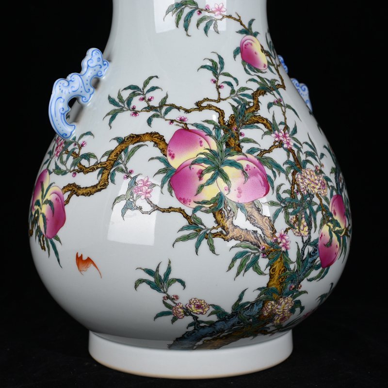Qing Dynasty Qianlong Pastel Five Blessings Nine Peach Fortune and Longevity Double-Eared Zun