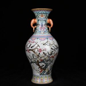 Qing Dynasty Qianlong pastel magpie plum blossom elephant ear vase