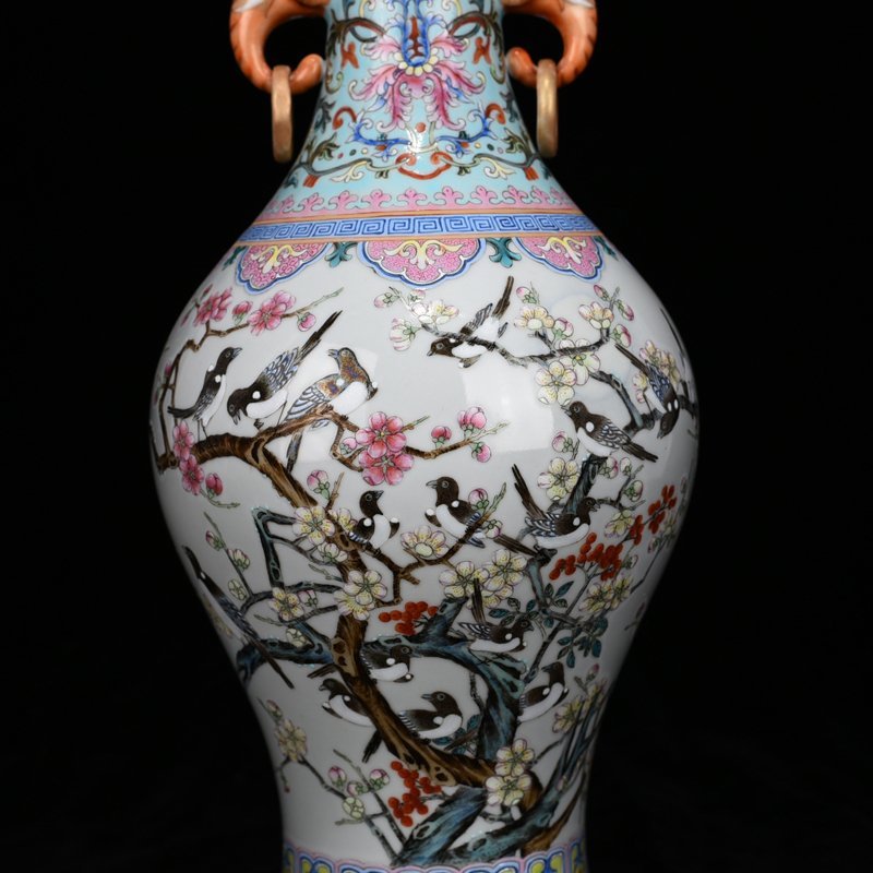 Qing Dynasty Qianlong pastel magpie plum blossom elephant ear vase