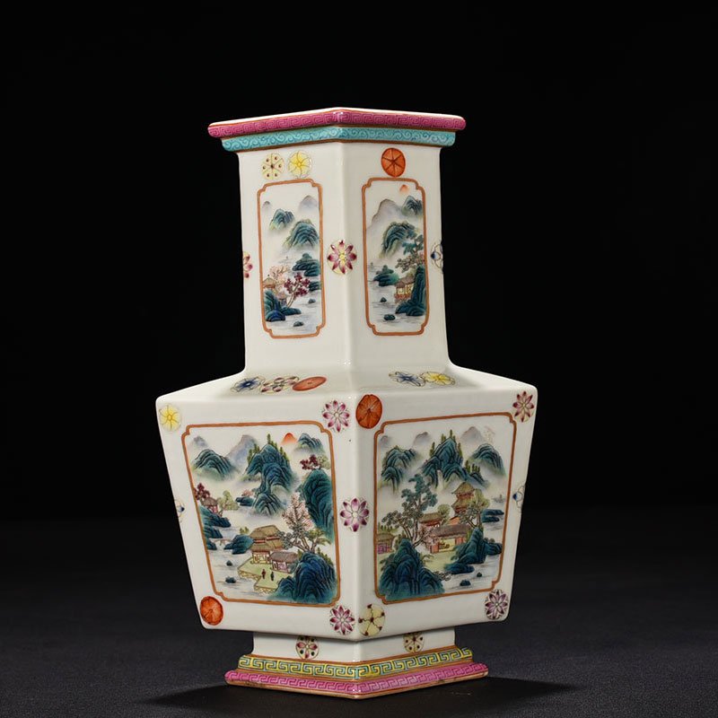 Qing Dynasty Qianlong pastel landscape rhombus vase