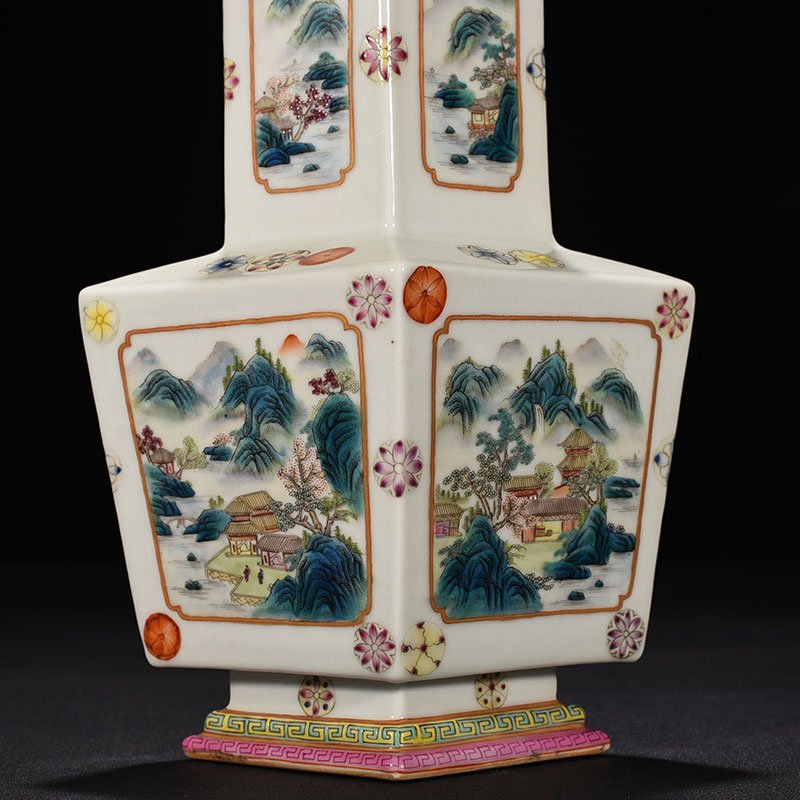 Qing Dynasty Qianlong pastel landscape rhombus vase