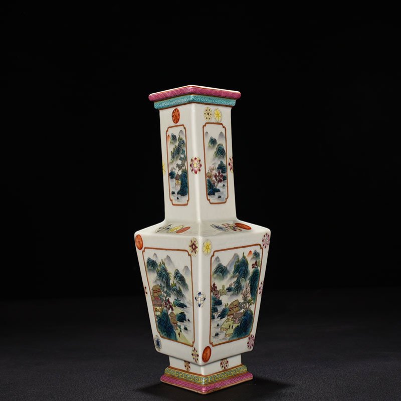 Qing Dynasty Qianlong pastel landscape rhombus vase