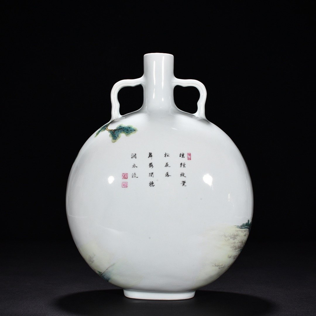 Qing Dynasty Qianlong pastel pine and crane holding the moon flat vase