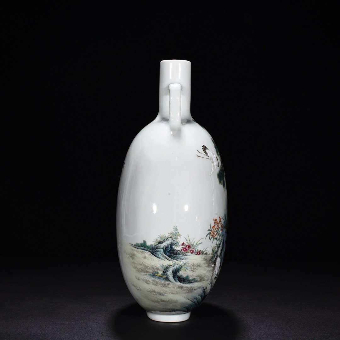 Qing Dynasty Qianlong pastel pine and crane holding the moon flat vase