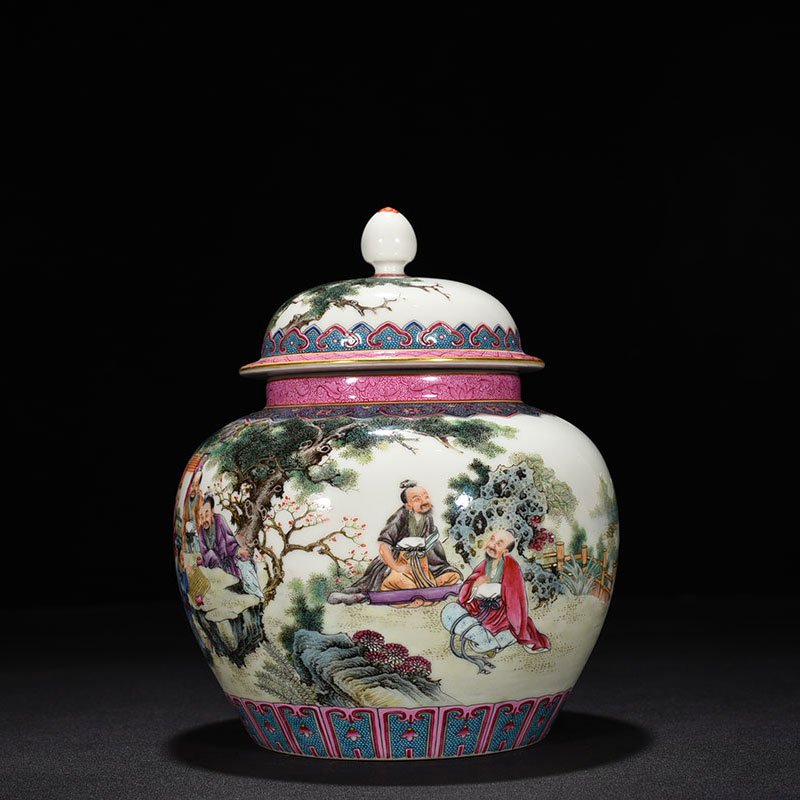 Qing Dynasty Qianlong pastel bamboo forest seven sage figures covered jar
