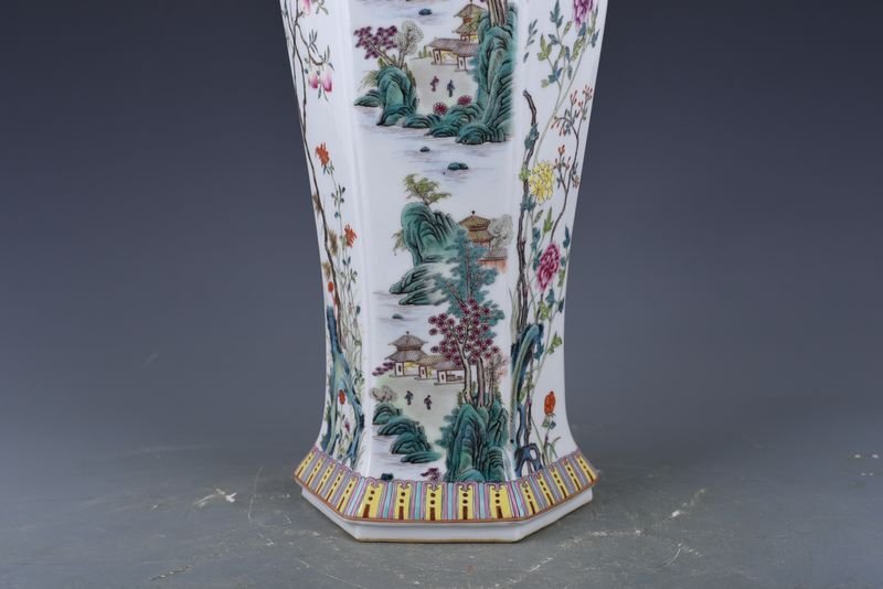 Qing Dynasty Qianlong pastel flower and bird landscape six-square vase
