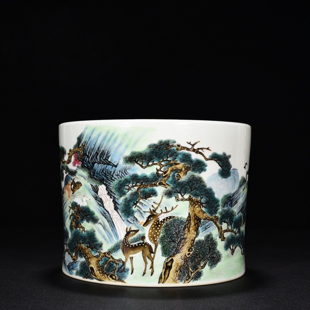 Qing Dynasty Qianlong pastel deer and crane pen holder