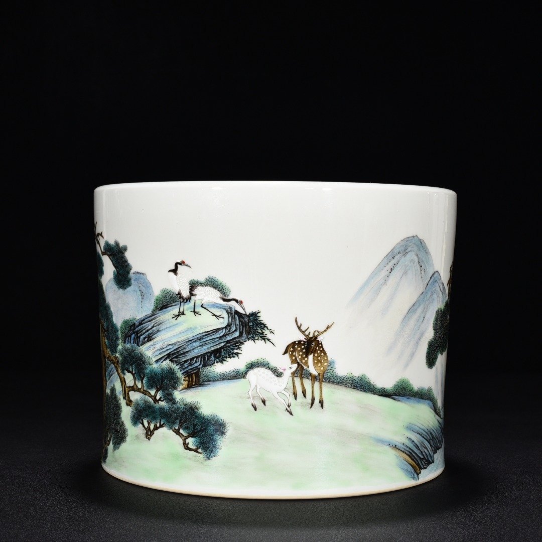 Qing Dynasty Qianlong pastel deer and crane pen holder