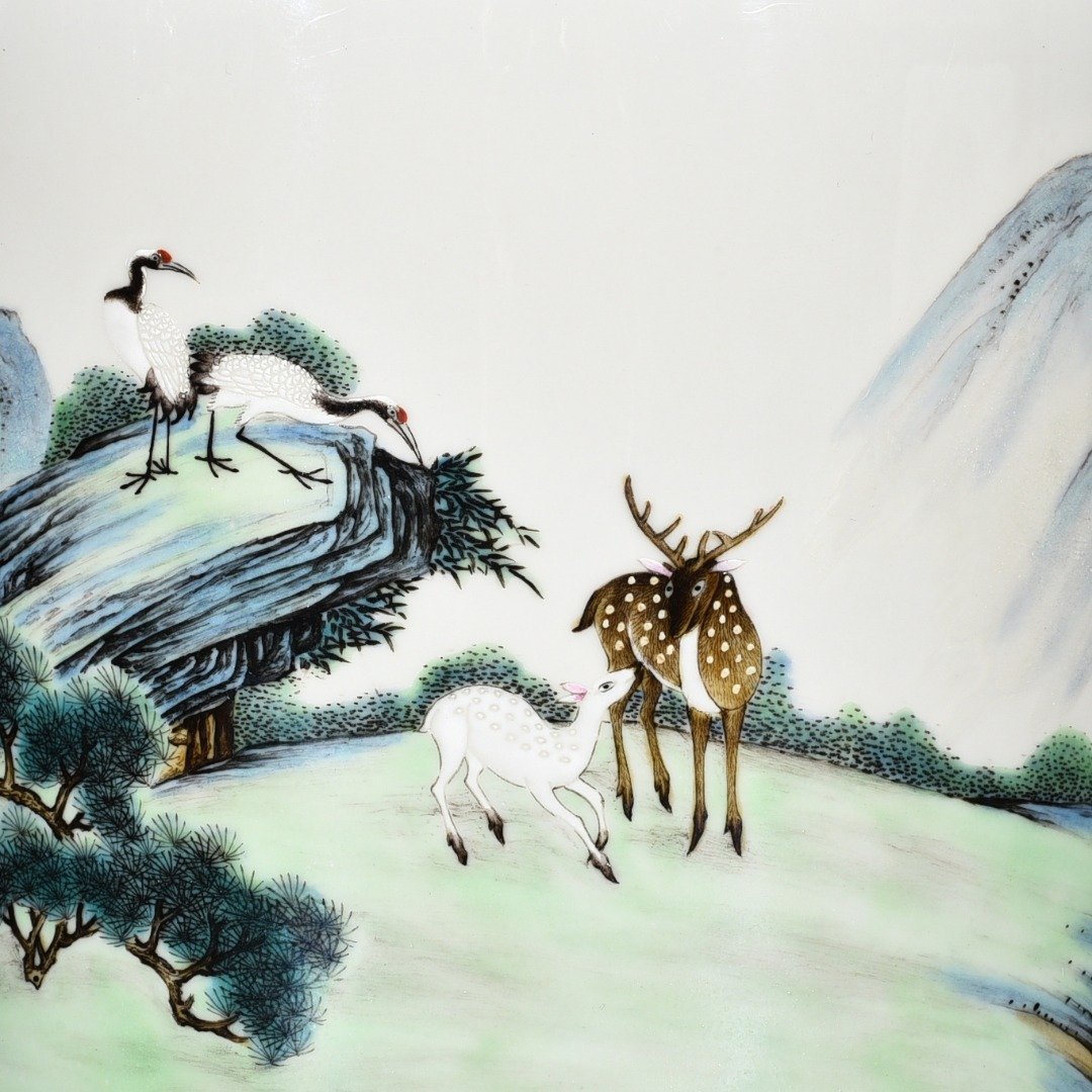 Qing Dynasty Qianlong pastel deer and crane pen holder