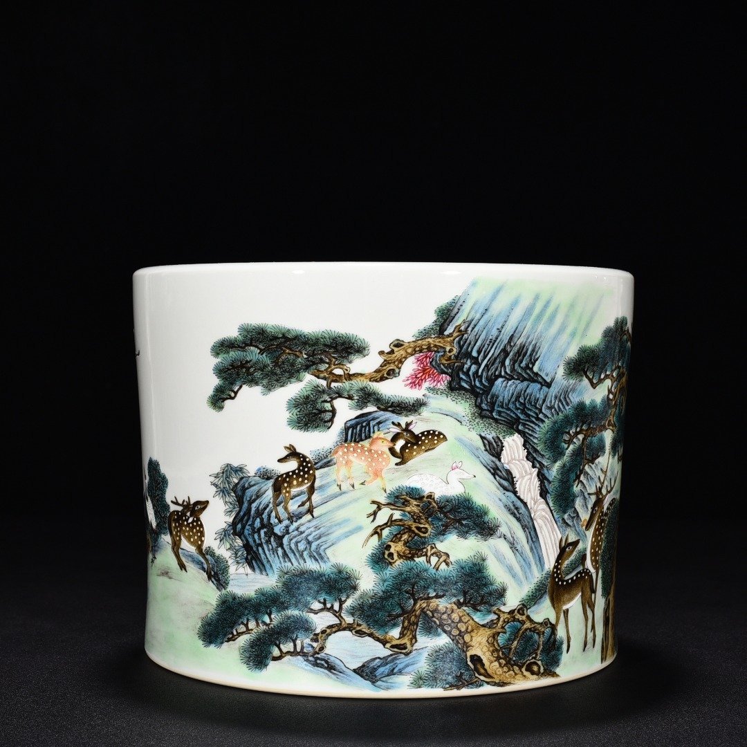 Qing Dynasty Qianlong pastel deer and crane pen holder