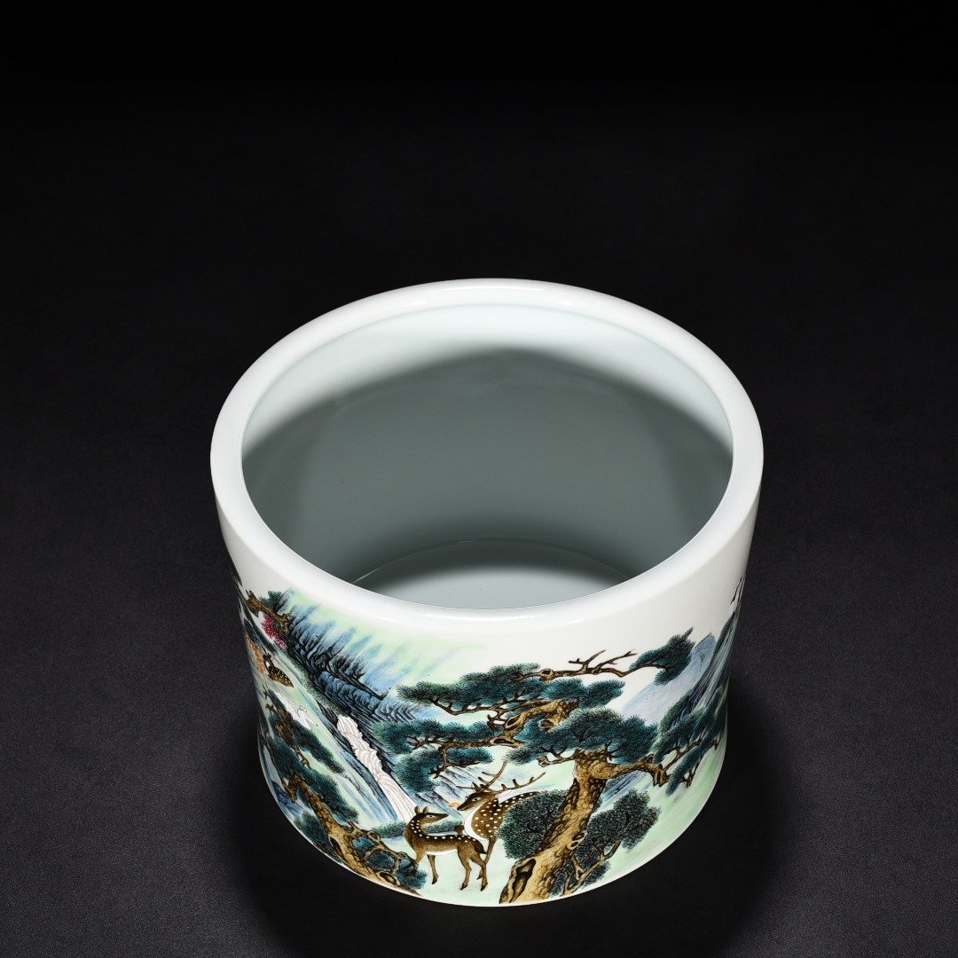 Qing Dynasty Qianlong pastel deer and crane pen holder