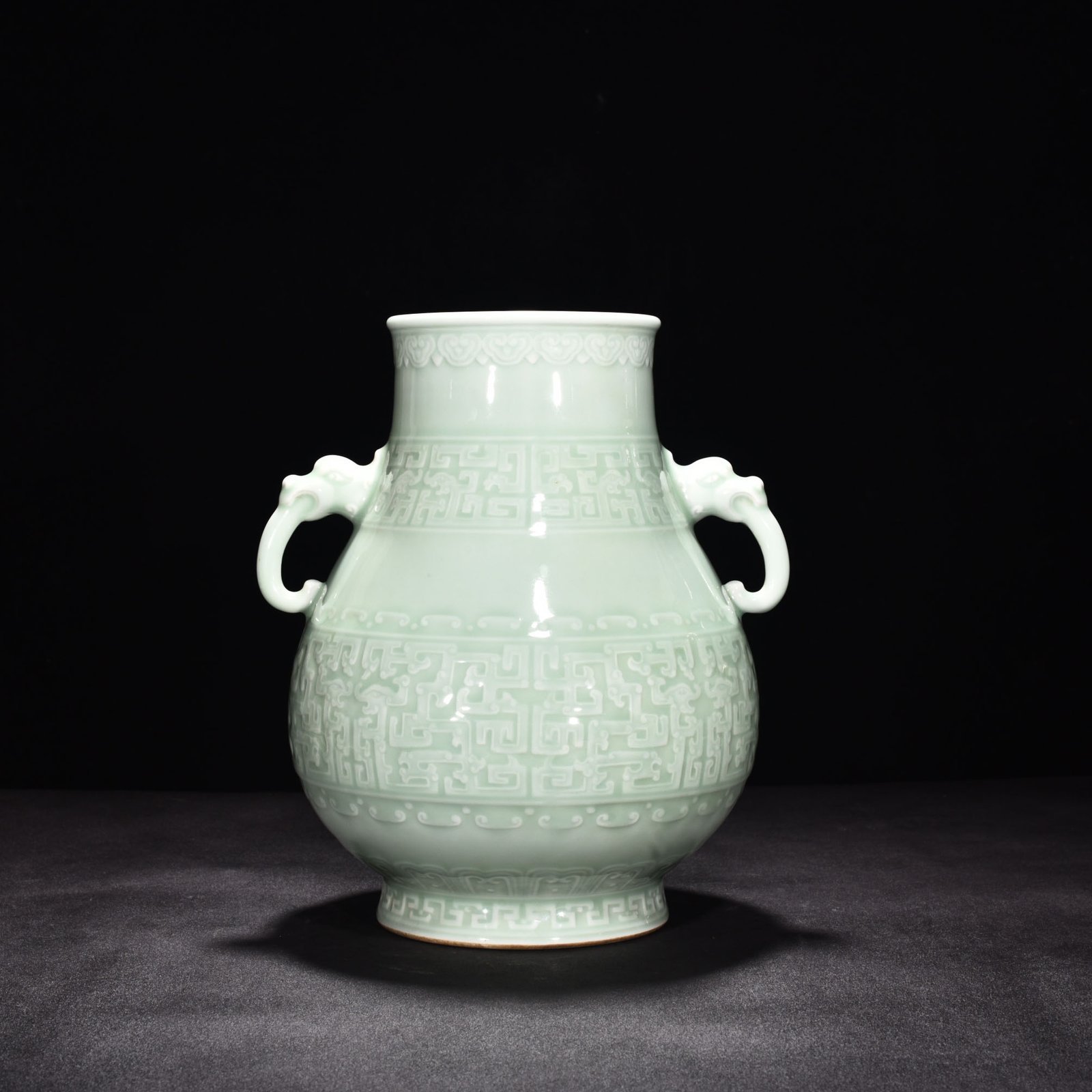 Qing Dynasty Qianlong pink celadon glaze elephant ear statue with dragon
