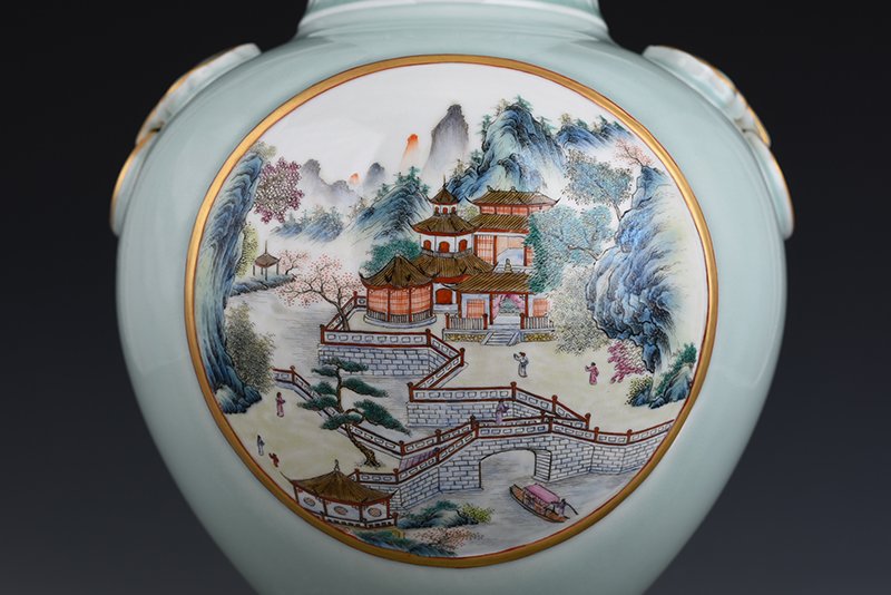 Qing Dynasty Qianlong pink celadon glaze consecrated famille rose landscape pavilion vase