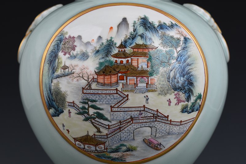 Qing Dynasty Qianlong pink celadon glaze consecrated famille rose landscape pavilion vase