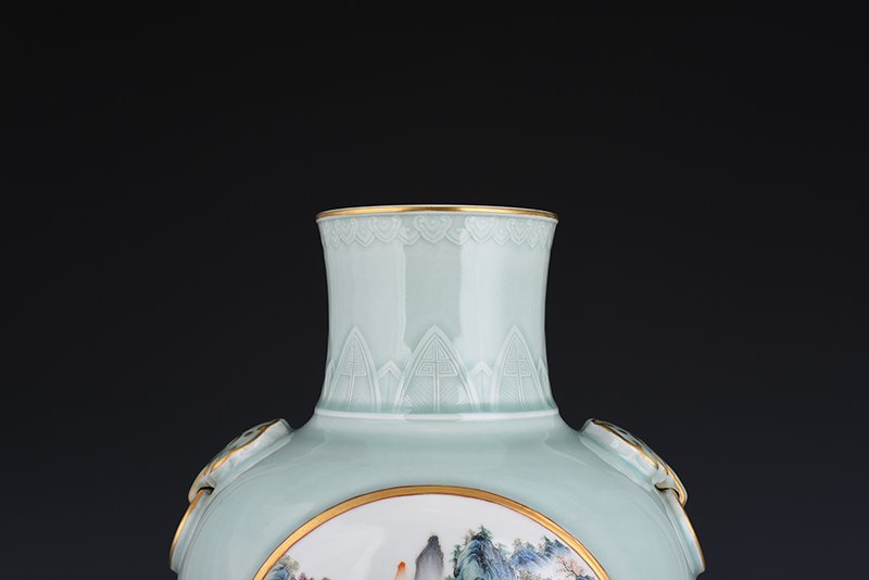 Qing Dynasty Qianlong pink celadon glaze consecrated famille rose landscape pavilion vase