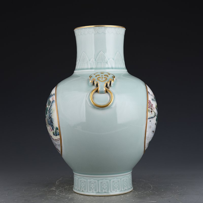 Qing Dynasty Qianlong pink celadon glaze consecrated famille rose landscape pavilion vase