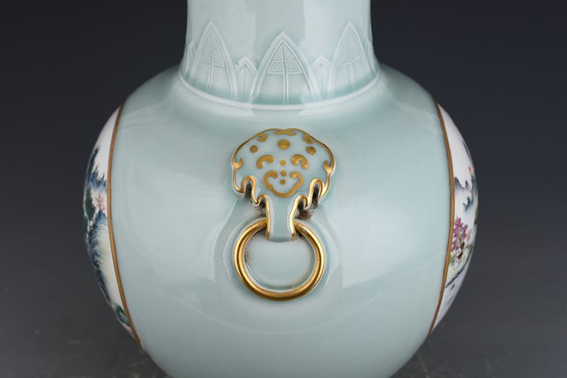 Qing Dynasty Qianlong pink celadon glaze consecrated famille rose landscape pavilion vase