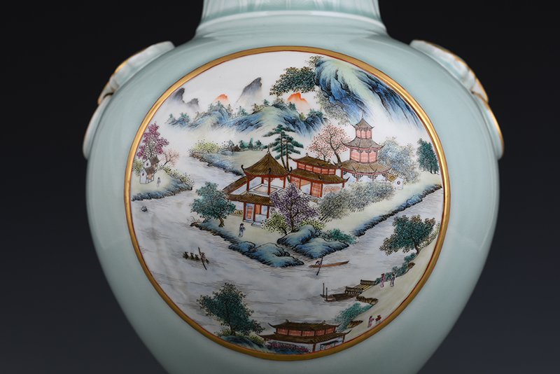 Qing Dynasty Qianlong pink celadon glaze consecrated famille rose landscape pavilion vase