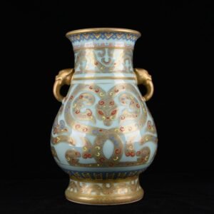 Qing Dynasty Qianlong pink celadon glaze double-eared statue with gold dragon