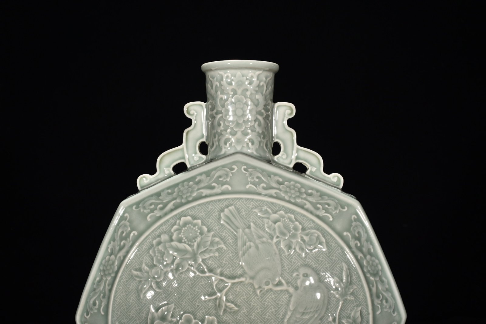 Qing Dynasty Qianlong pink celadon glaze flat vase with flower bird and mandarin duck