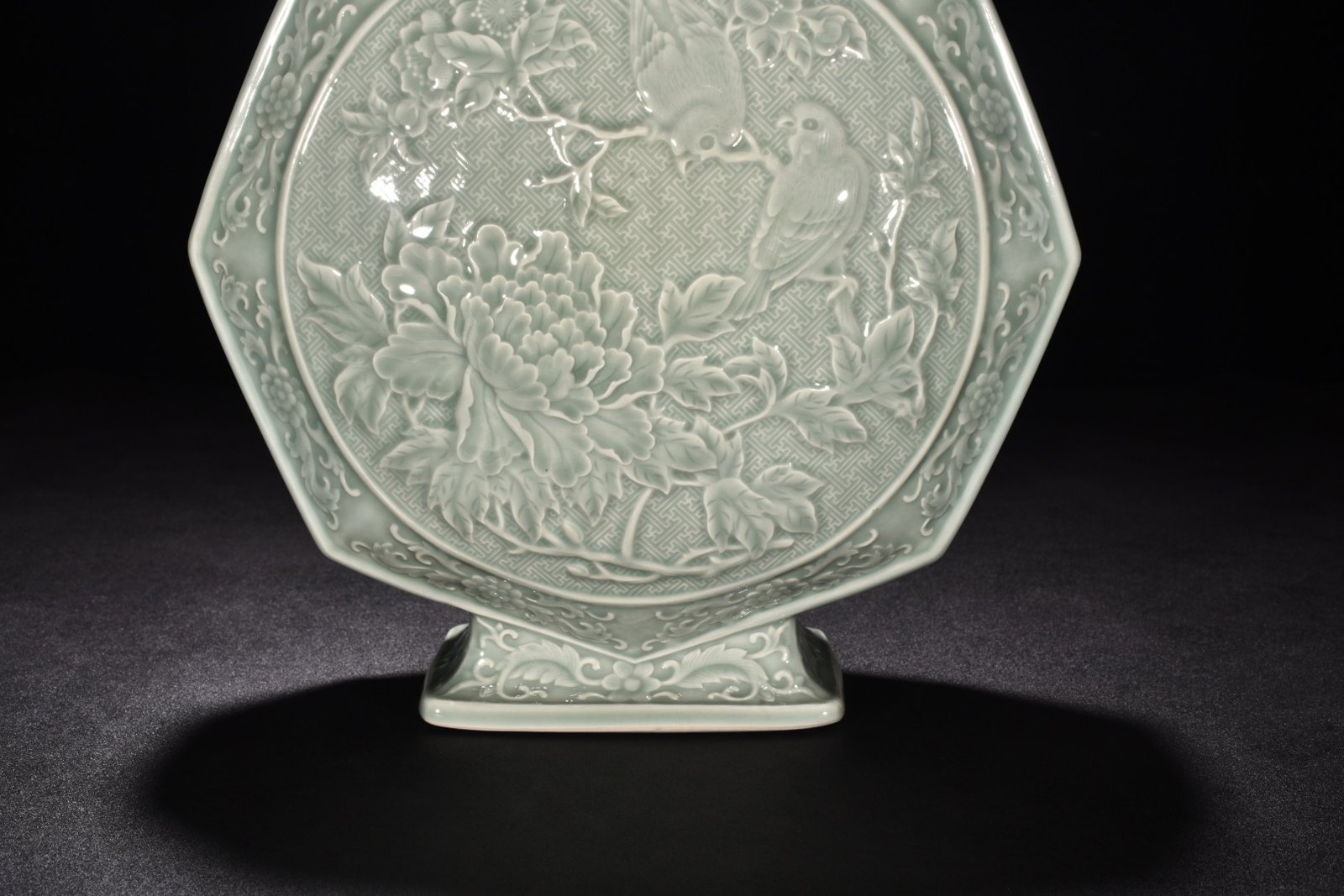 Qing Dynasty Qianlong pink celadon glaze flat vase with flower bird and mandarin duck