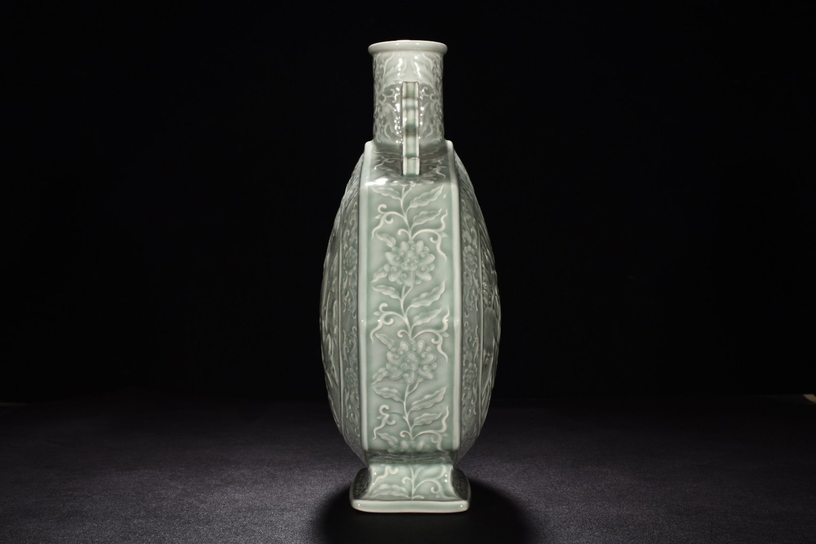 Qing Dynasty Qianlong pink celadon glaze flat vase with flower bird and mandarin duck