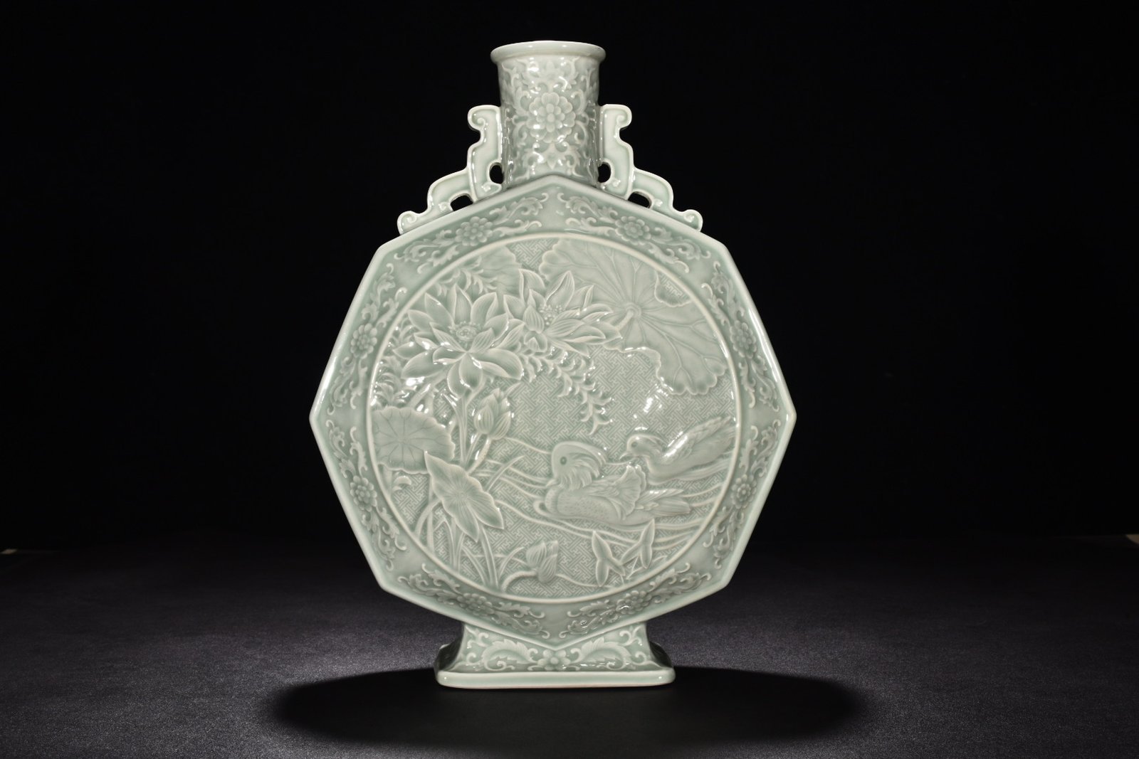 Qing Dynasty Qianlong pink celadon glaze flat vase with flower bird and mandarin duck