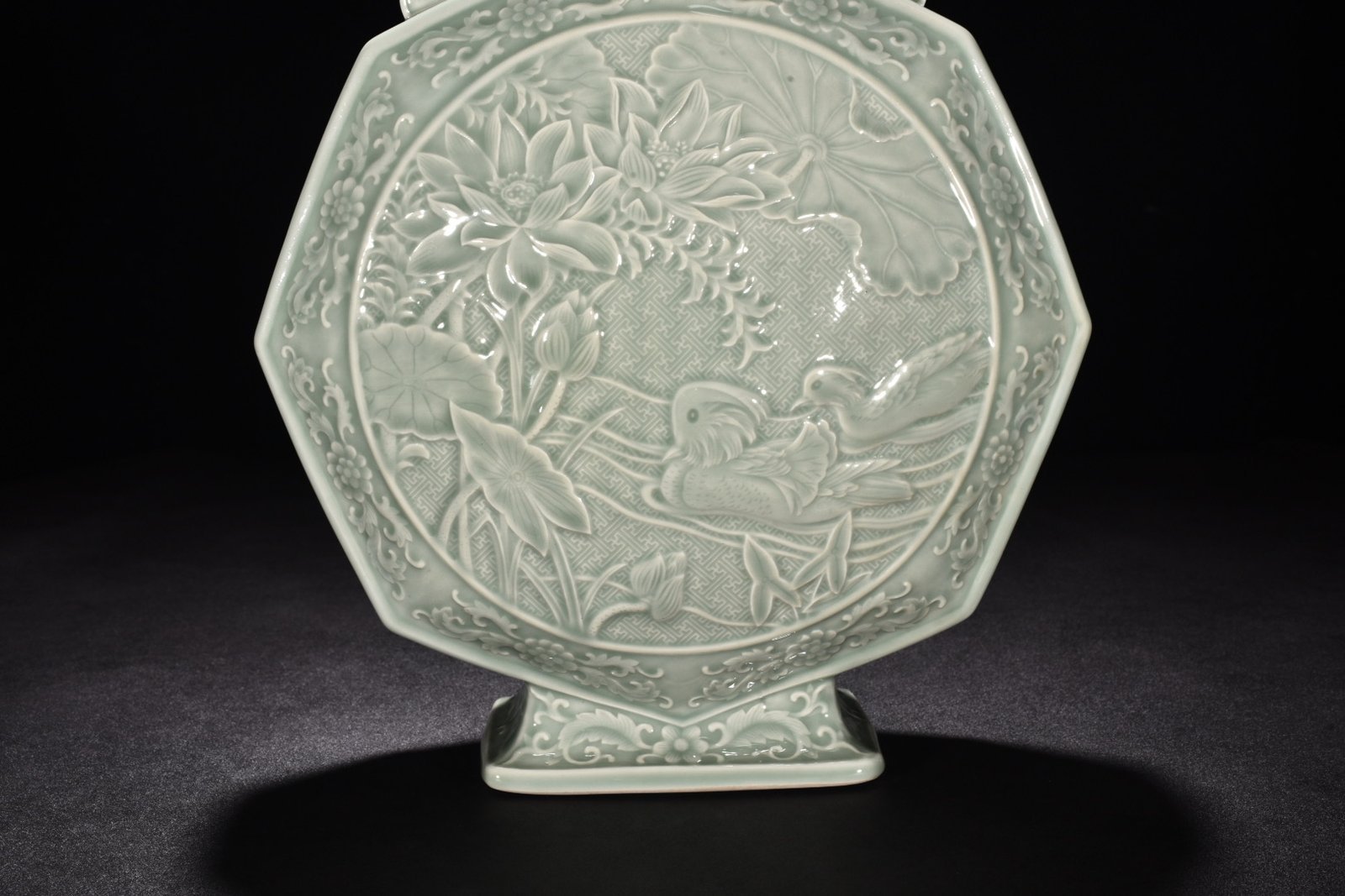 Qing Dynasty Qianlong pink celadon glaze flat vase with flower bird and mandarin duck