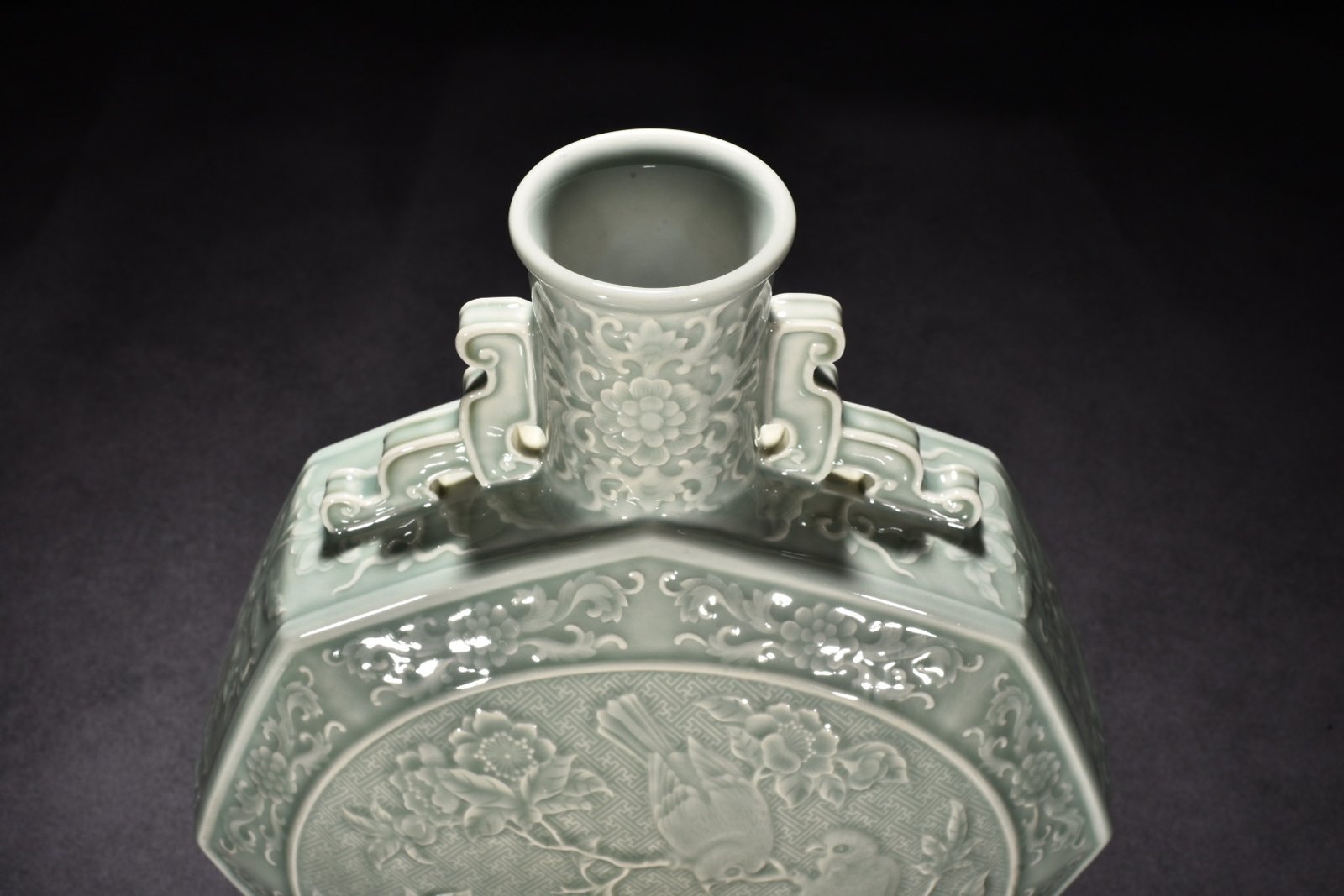 Qing Dynasty Qianlong pink celadon glaze flat vase with flower bird and mandarin duck