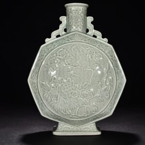 Qing Dynasty Qianlong pink celadon glaze flat vase with carved flowers birds and mandarin ducks
