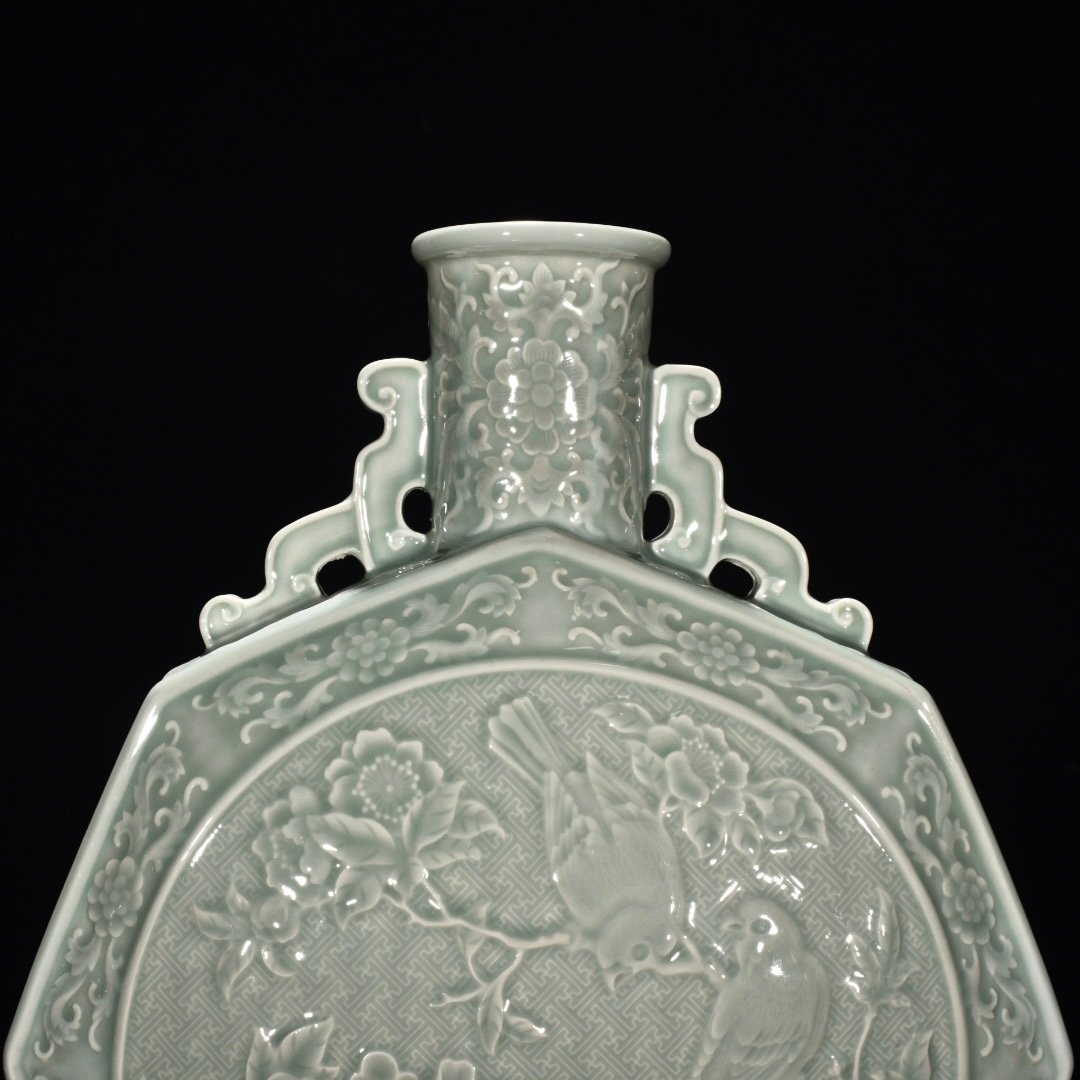 Qing Dynasty Qianlong pink celadon glaze flat vase with carved flowers birds and mandarin ducks