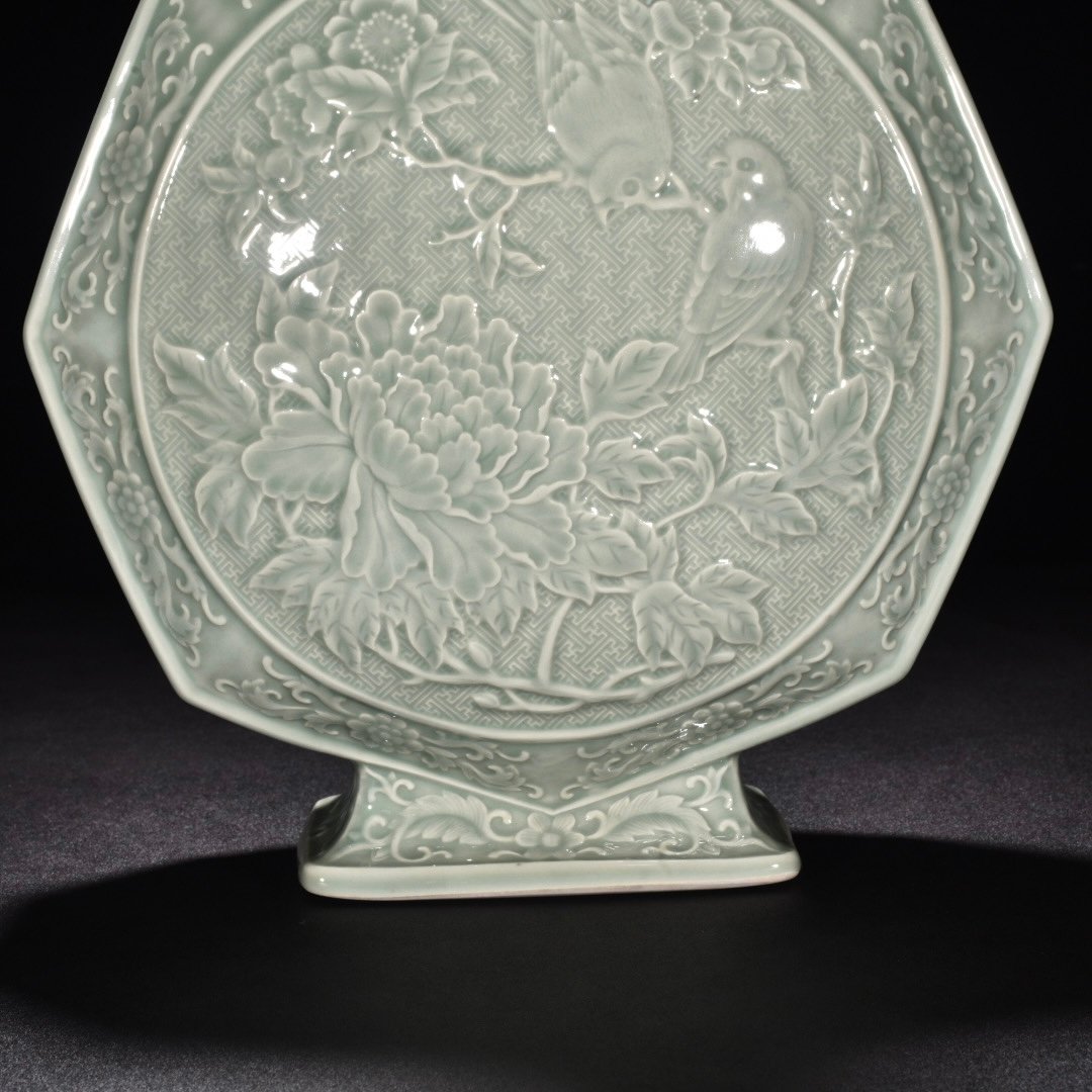 Qing Dynasty Qianlong pink celadon glaze flat vase with carved flowers birds and mandarin ducks