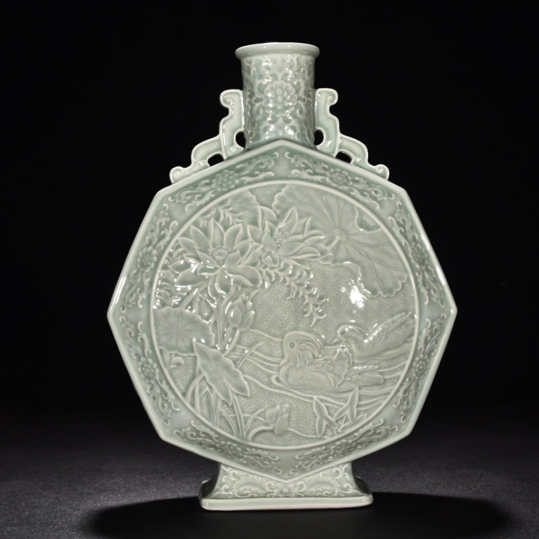 Qing Dynasty Qianlong pink celadon glaze flat vase with carved flowers birds and mandarin ducks