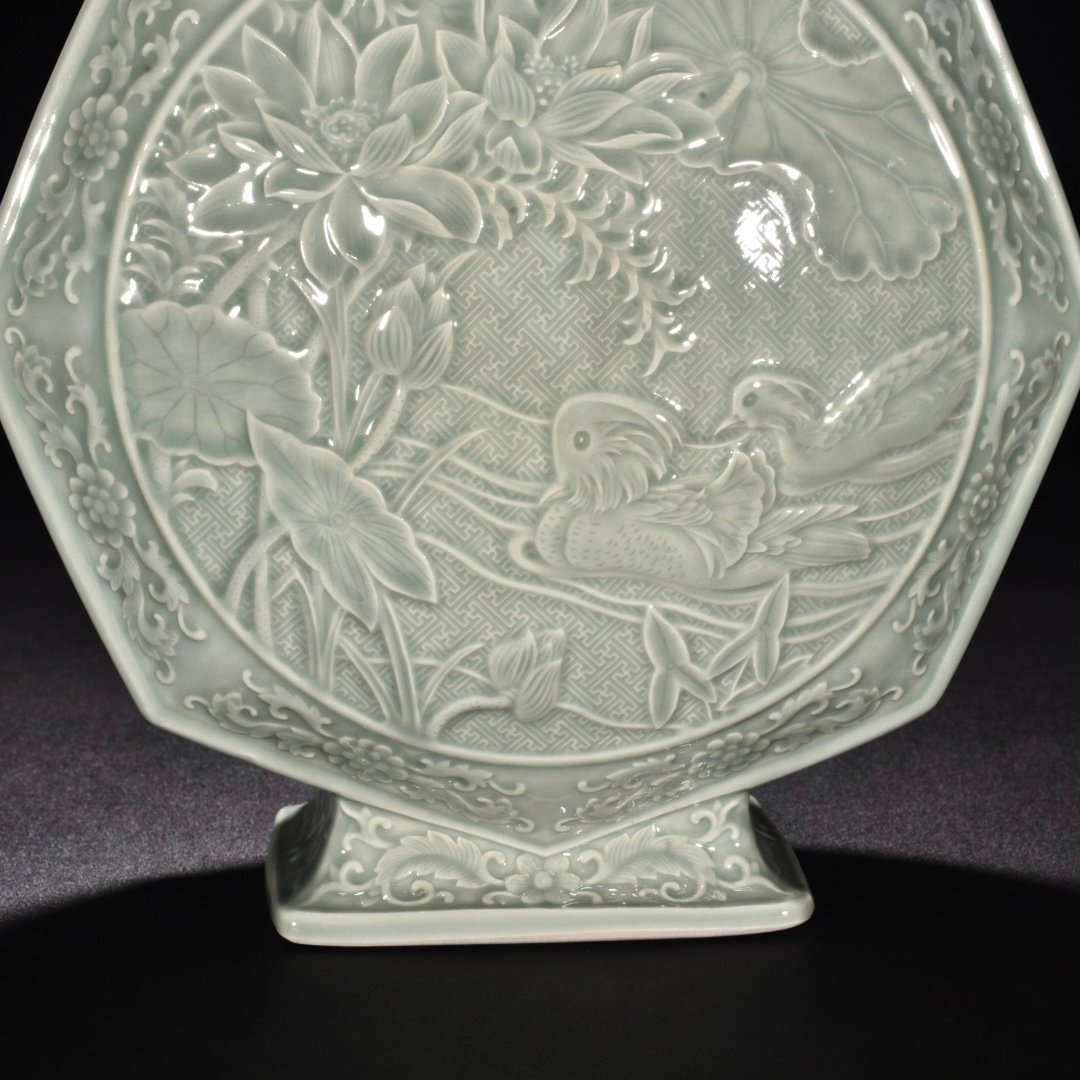 Qing Dynasty Qianlong pink celadon glaze flat vase with carved flowers birds and mandarin ducks