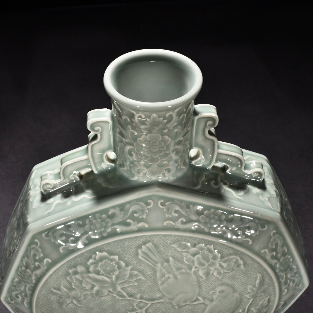 Qing Dynasty Qianlong pink celadon glaze flat vase with carved flowers birds and mandarin ducks